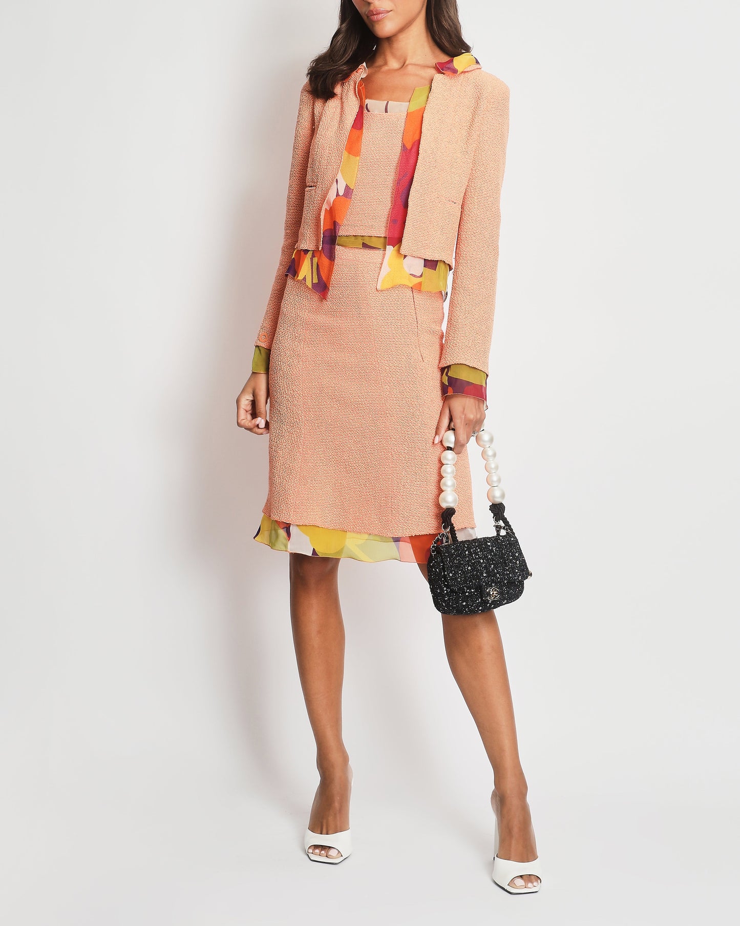 Chanel *FIRE * Peach Three Piece Set with Multicoloured Silk Trim and Shoulder Pad Detailing FR 38 (UK 10) Accessory