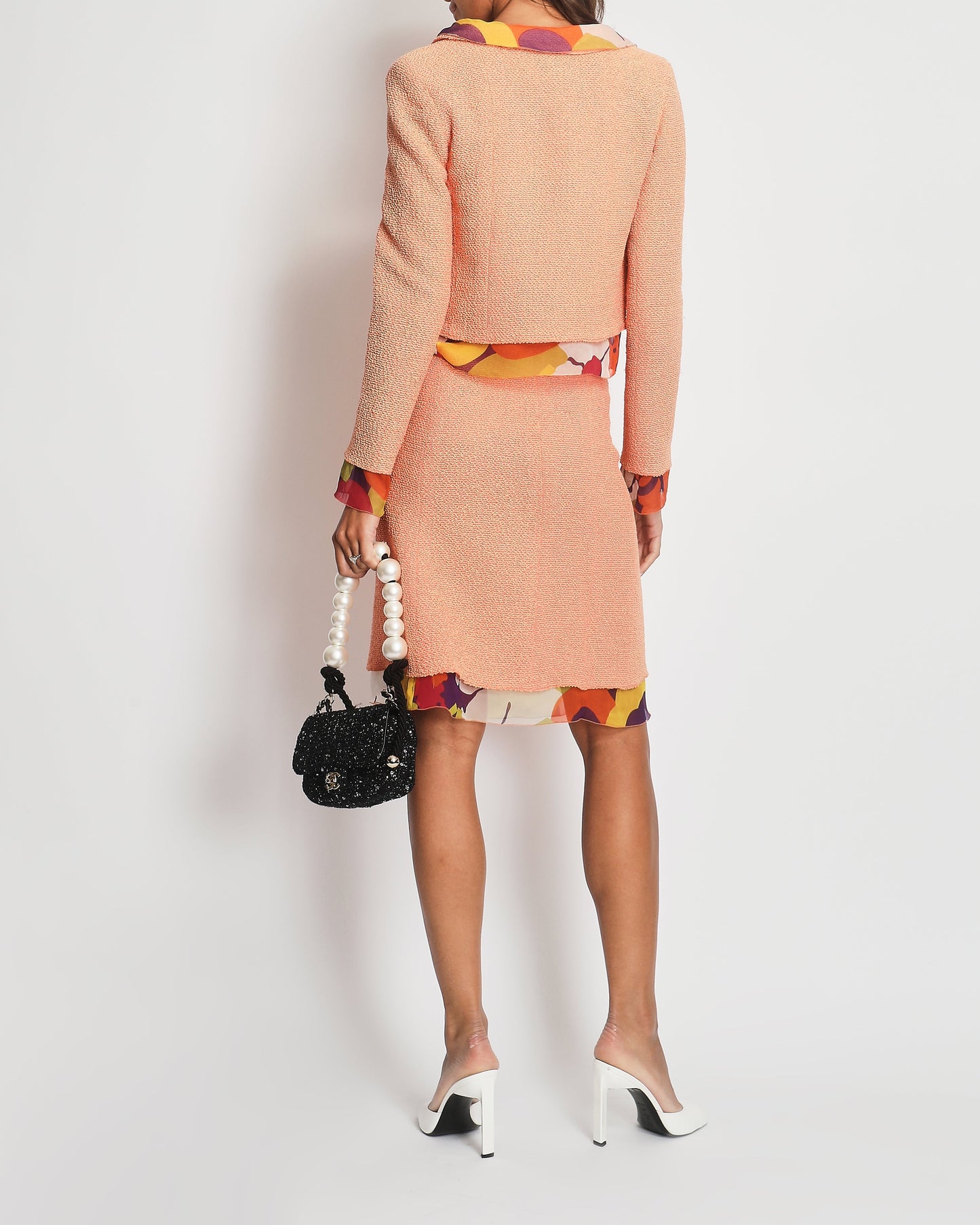 Chanel *FIRE * Peach Three Piece Set with Multicoloured Silk Trim and Shoulder Pad Detailing FR 38 (UK 10) Accessory