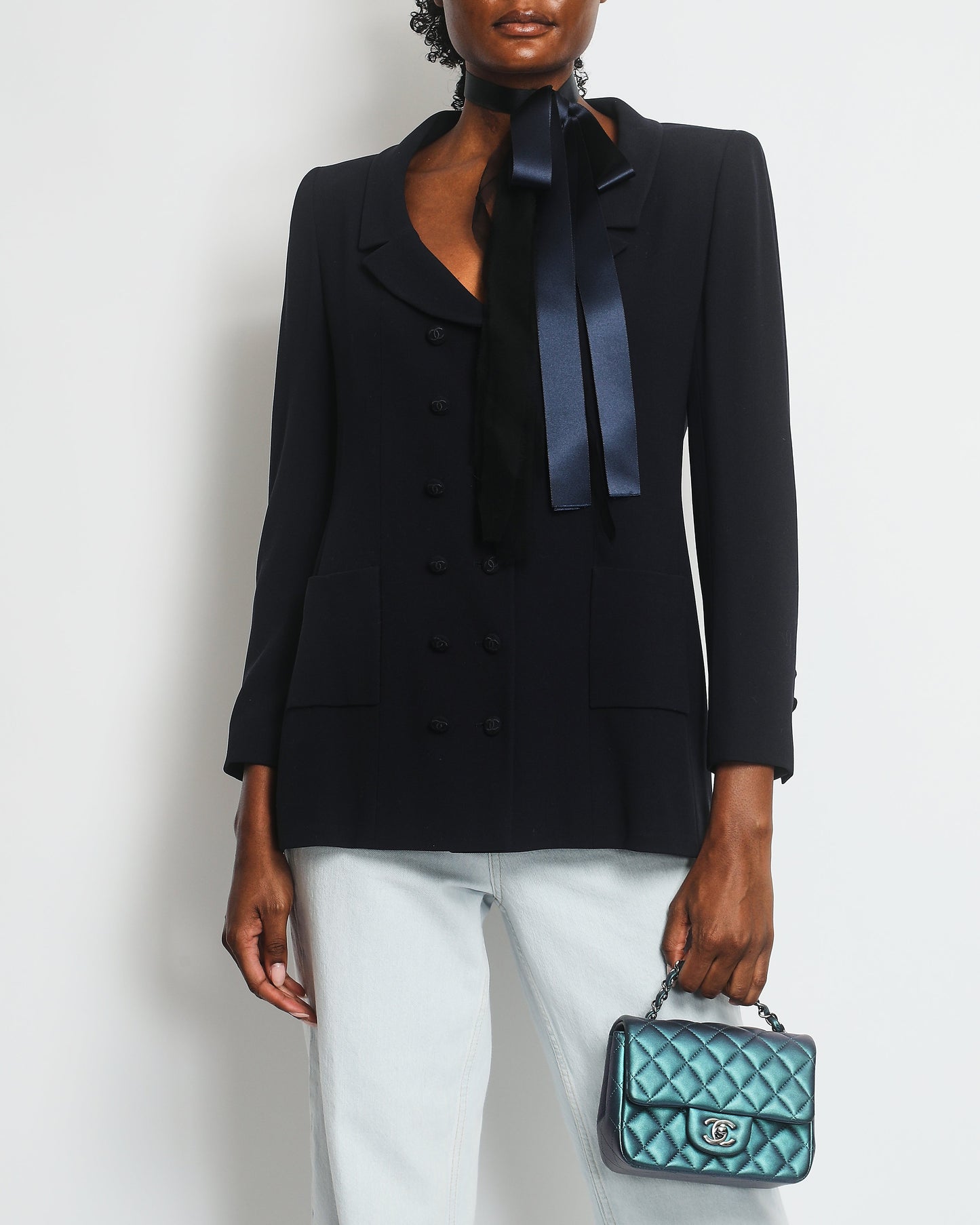 Chanel 98/P Navy Jacket with CC Logo Button Detail and Silk Bow Detail Size FR 38 (UK 10)