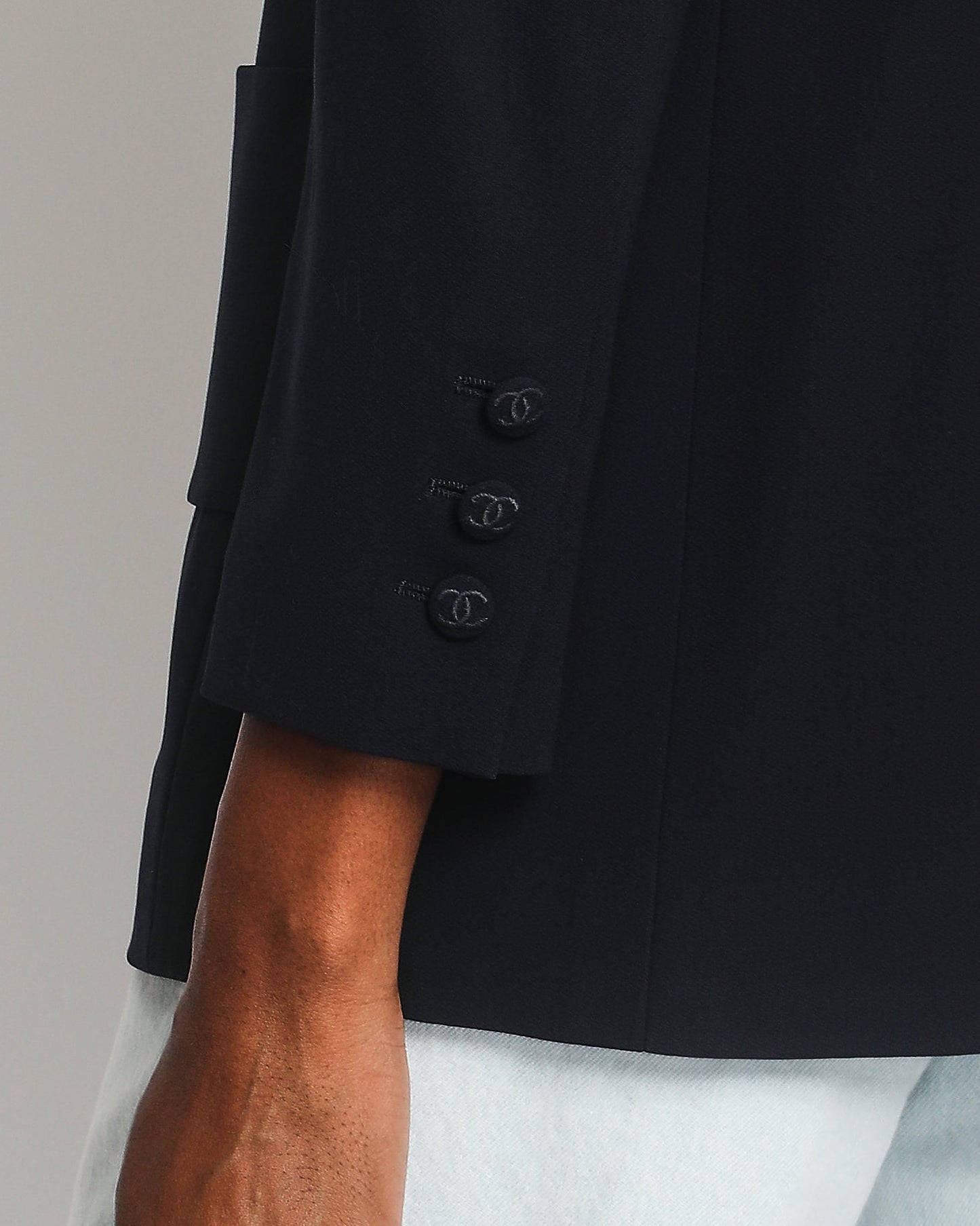Chanel 98/P Navy Jacket with CC Logo Button Detail and Silk Bow Detail Size FR 38 (UK 10)
