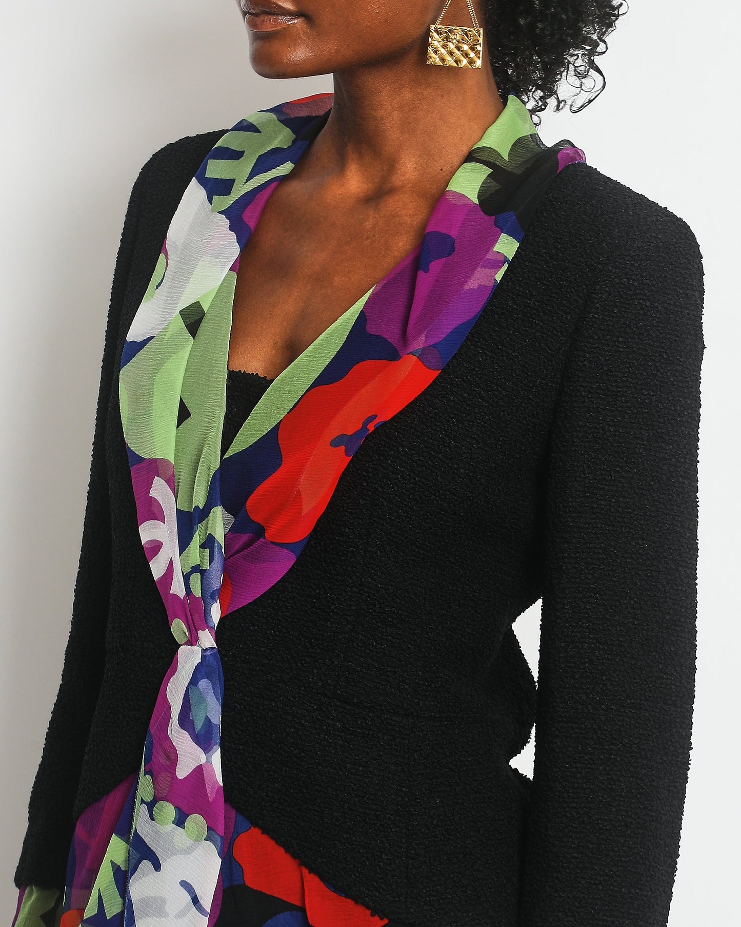 Chanel Black Tweed Jacket and Skirt Set with Silk Multi-Coloured Trim Detail Trim Size FR 38 (UK 10)