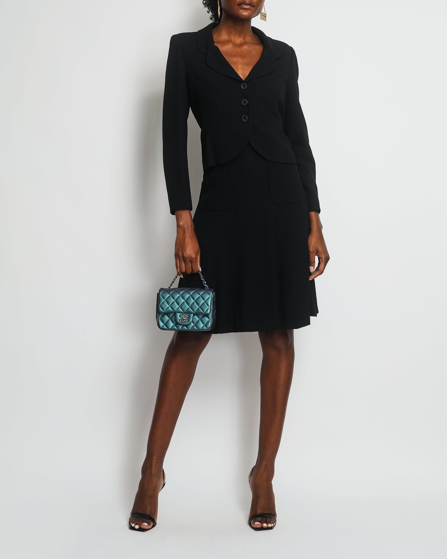 Chanel Dark Navy Jacket with Black Embellished Button and Skirt with Pocket Detail Set FR 36 (UK 8)