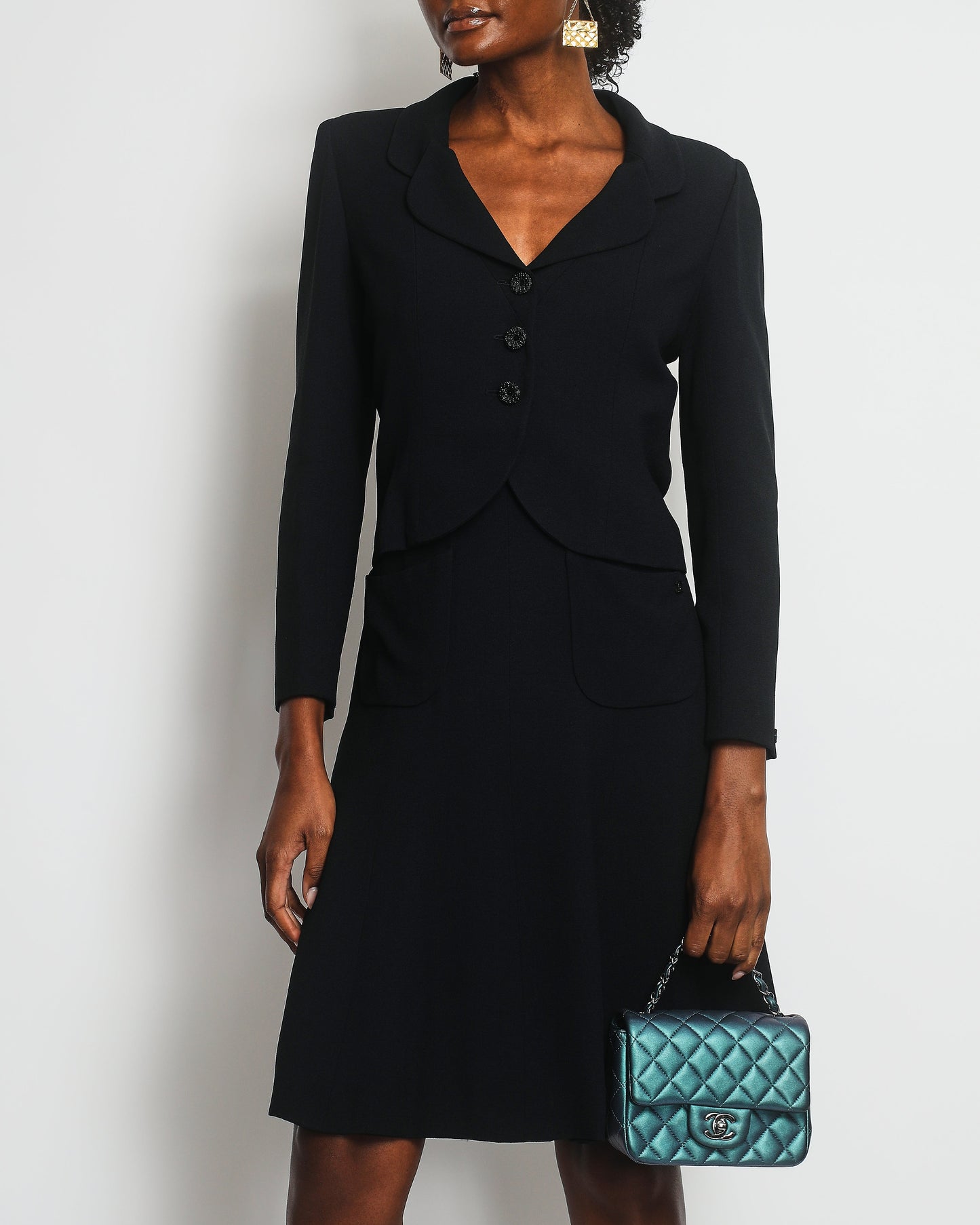 Chanel Dark Navy Jacket with Black Embellished Button and Skirt with Pocket Detail Set FR 36 (UK 8)
