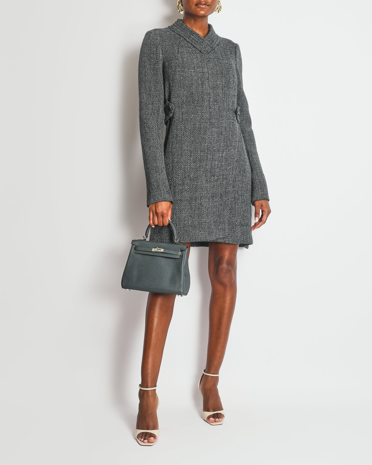 Chanel Grey Tweed Long-Sleeve Mini Dress with Belt Detail Size FR 38 (UK 10) RRP £3,050