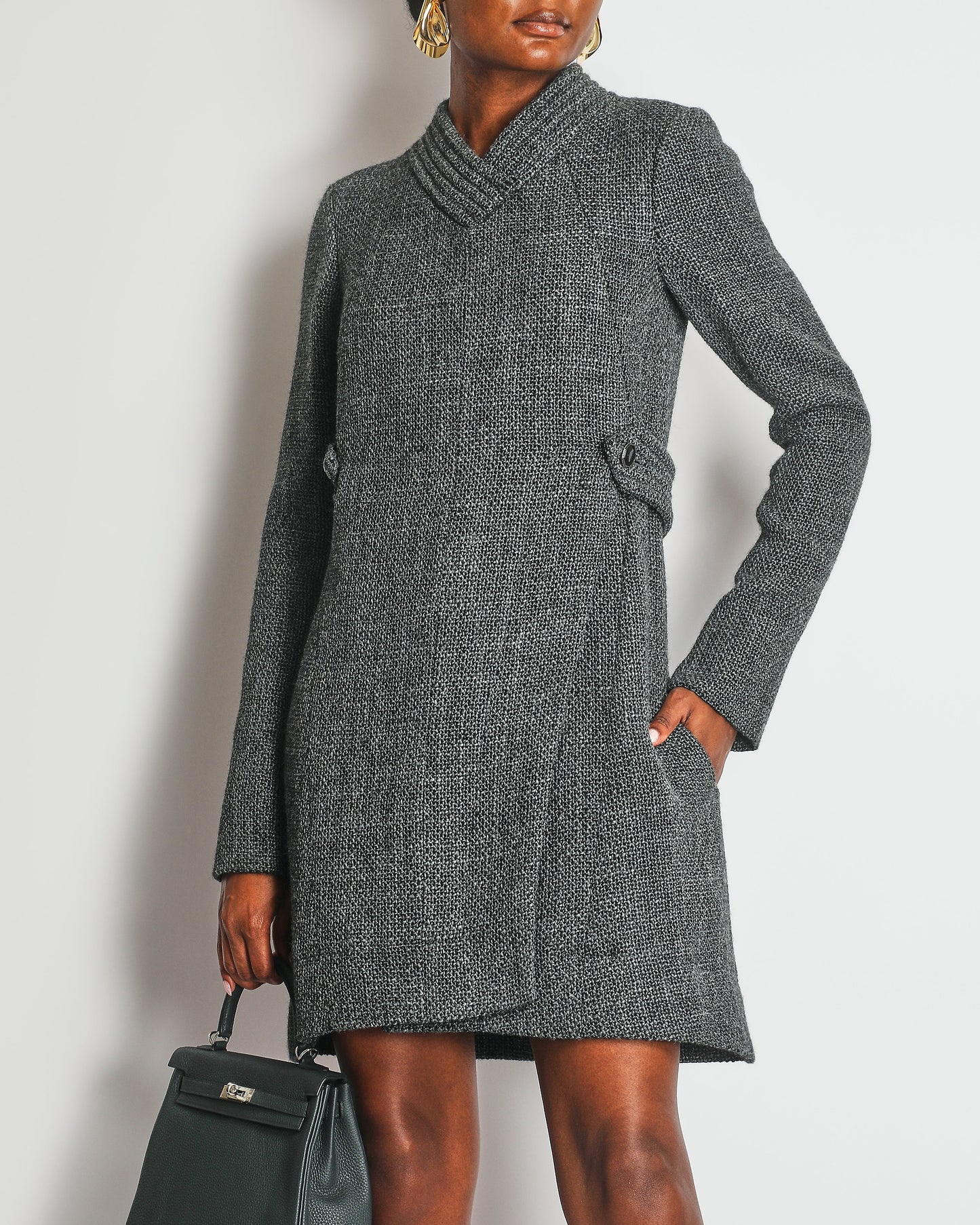 Chanel Grey Tweed Long-Sleeve Mini Dress with Belt Detail Size FR 38 (UK 10) RRP £3,050