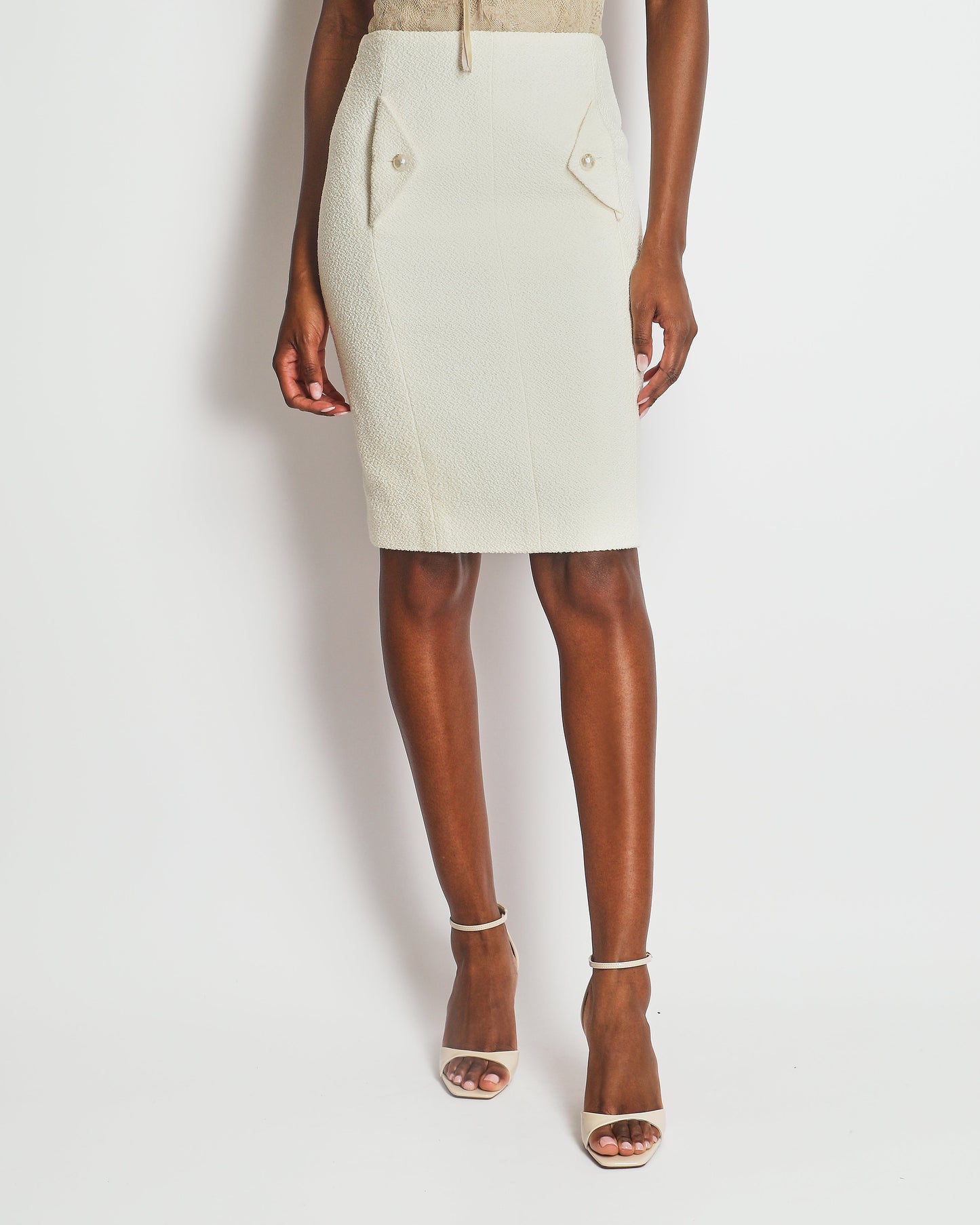 Chanel Cream Tweed Midi Skirt with Pearl CC Logo Details and Pockets Size FR 34 (UK 6)