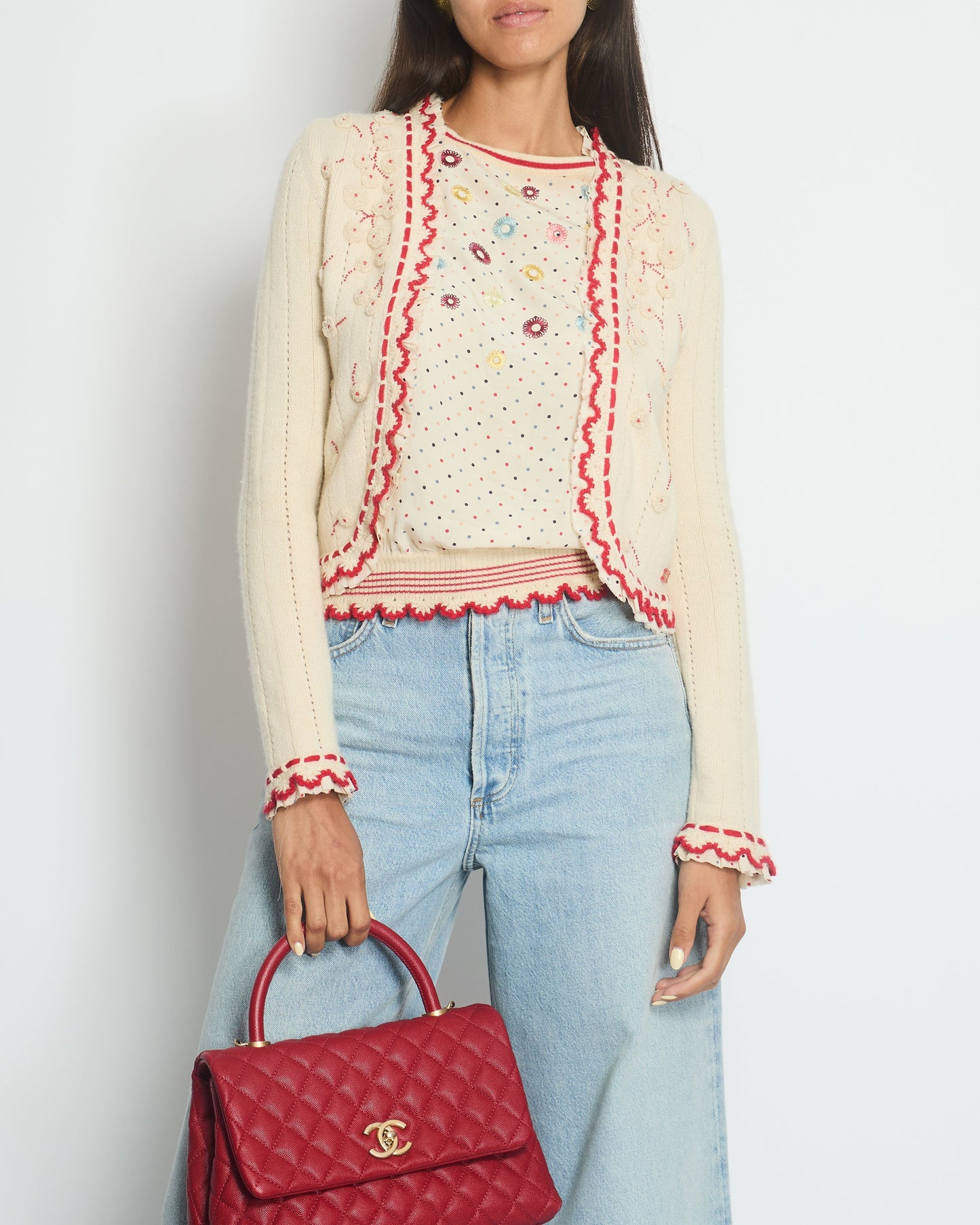 Chanel 05/C Ivory Red Cardigan FR 38 (UK 10) Apparel