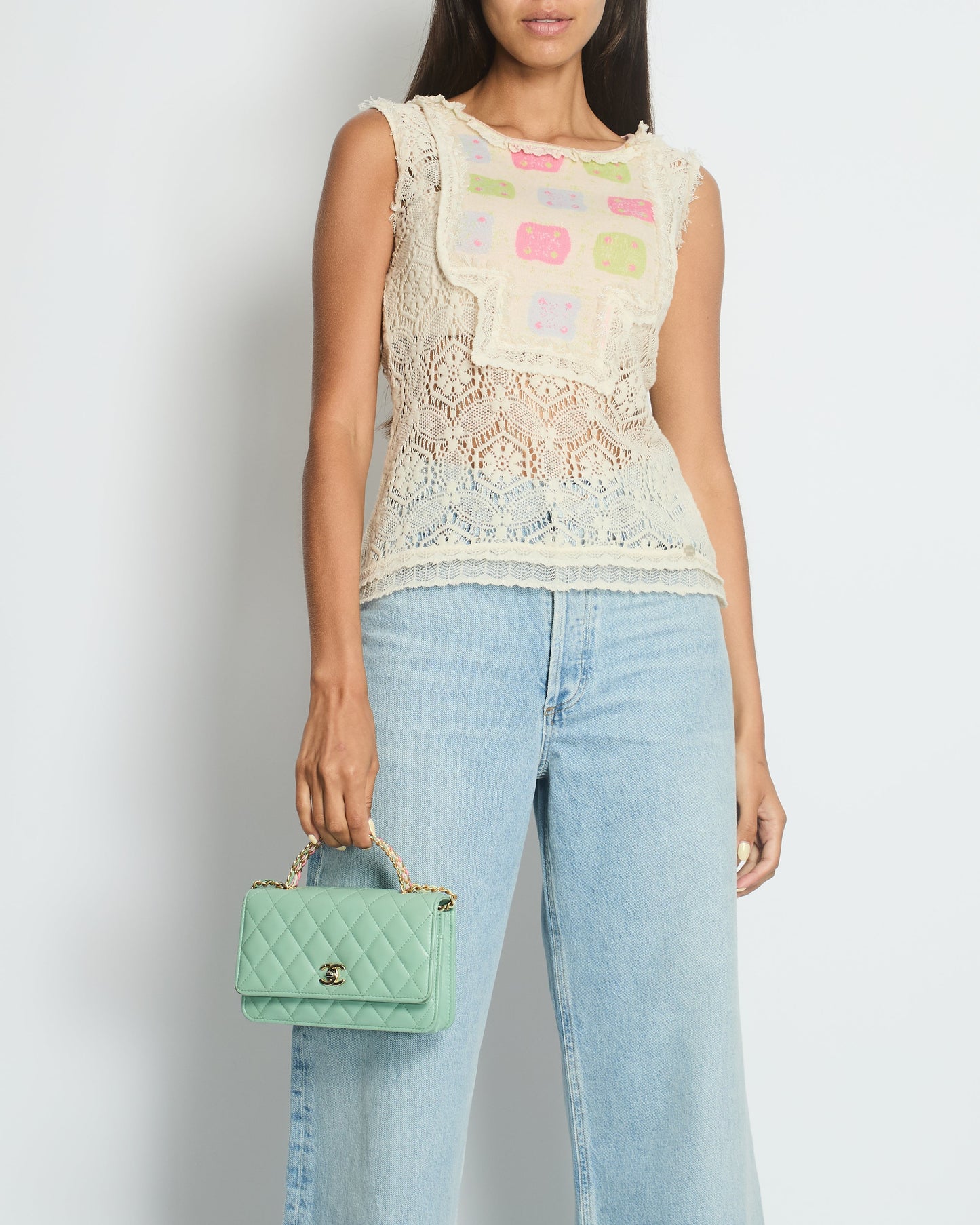 Chanel Cream Crochet Sleeveless Top with Multicoloured Detail FR 36 (UK 8) Accessory