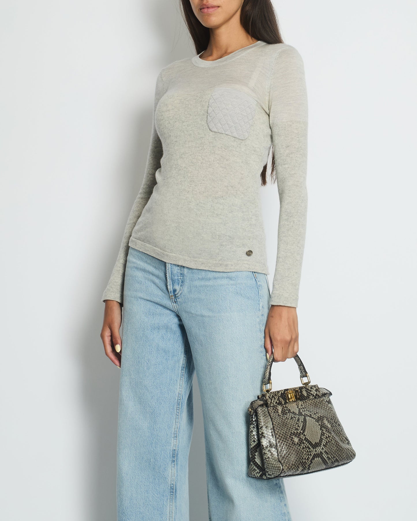 Chanel Grey Round Neck Long Sleeve Top with Quilted Pocket Detail FR 34 (UK 6) Accessory