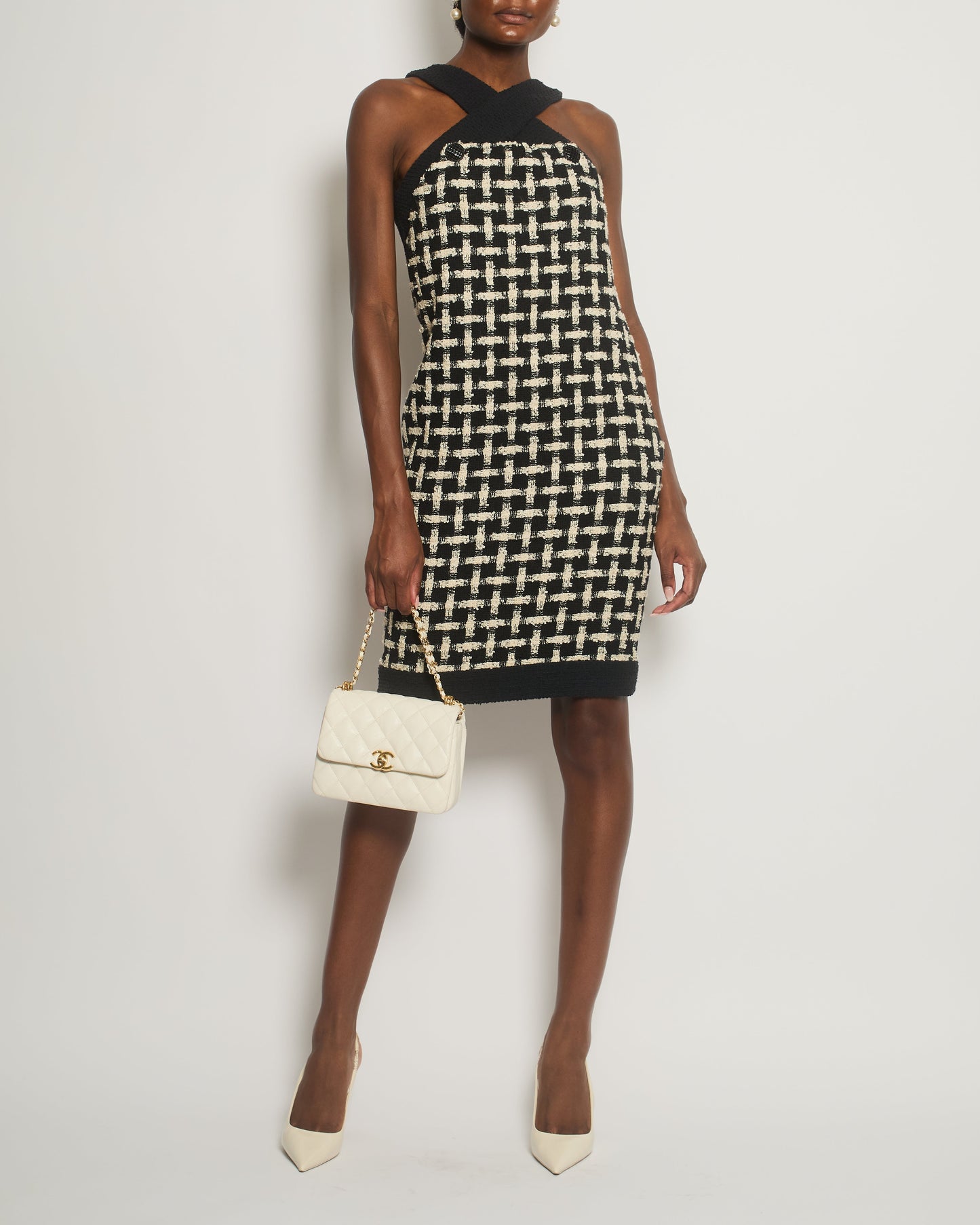 Chanel Black, White Check Halter-Neck Detail Sleeveless Tweed Dress Size FR 36 (UK 8)
