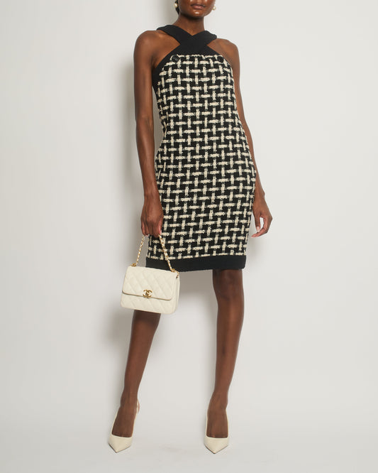 Chanel Black, White Check Halter-Neck Detail Sleeveless Tweed Dress Size FR 36 (UK 8)
