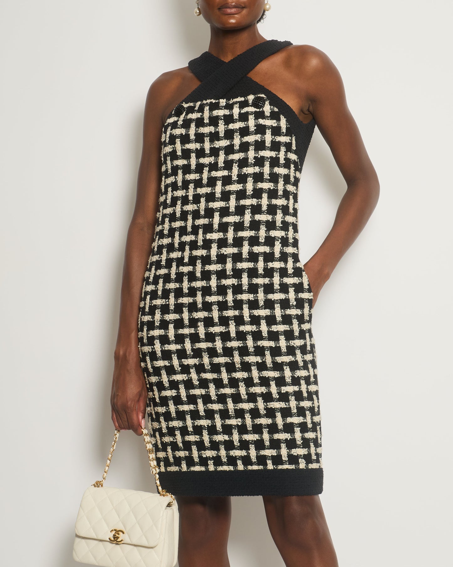 Chanel Black, White Check Halter-Neck Detail Sleeveless Tweed Dress Size FR 36 (UK 8)