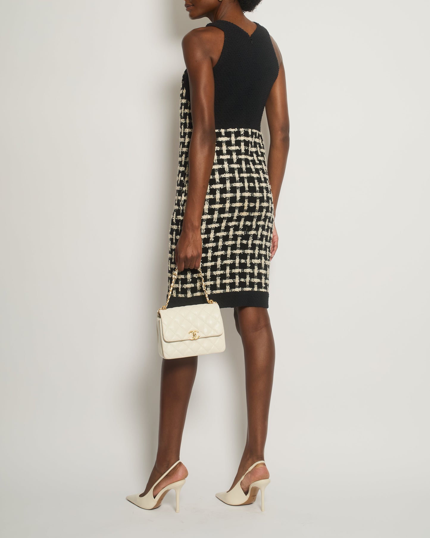 Chanel Black, White Check Halter-Neck Detail Sleeveless Tweed Dress Size FR 36 (UK 8)