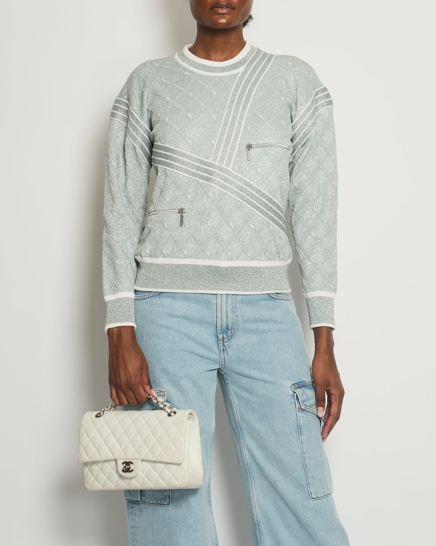 Chanel *HOT COLLECTION* Spring / Summer 2016 Grey Metallic Airline Collection Jumper with Zip and Plane Details Size FR 36 (UK 8) RRP £2,400 Accessory