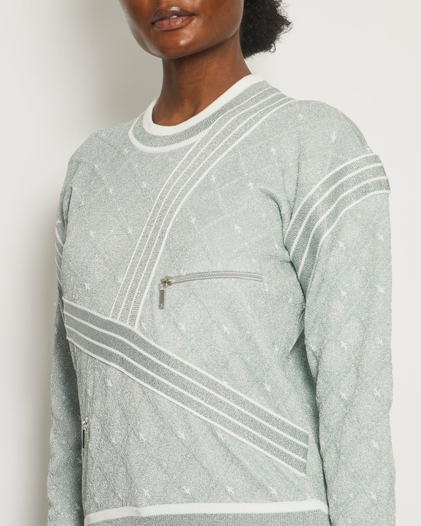 Chanel *HOT COLLECTION* Spring / Summer 2016 Grey Metallic Airline Collection Jumper with Zip and Plane Details Size FR 36 (UK 8) RRP £2,400 Accessory