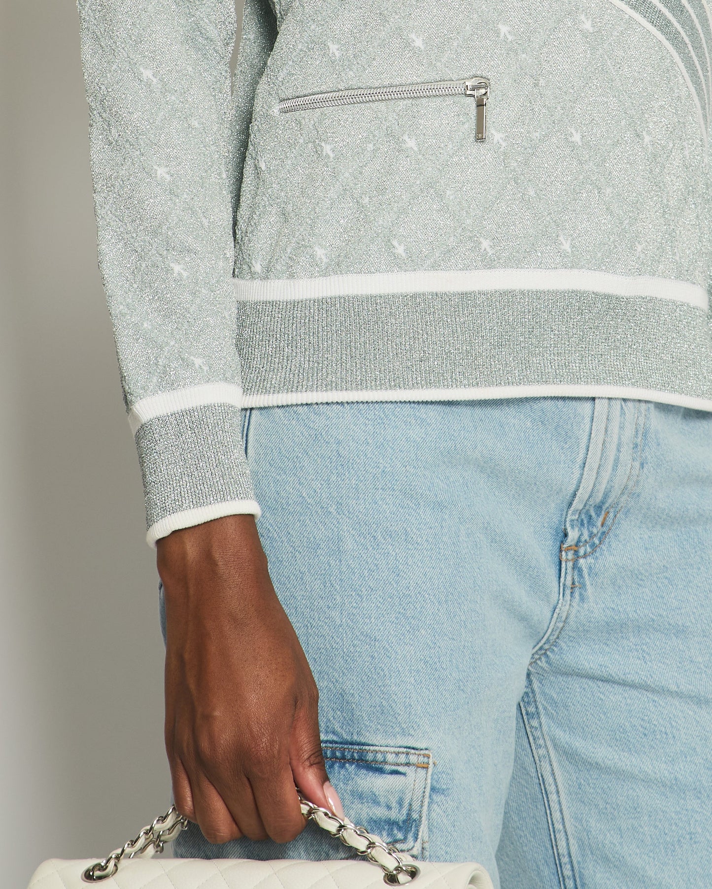 Chanel *HOT COLLECTION* Spring / Summer 2016 Grey Metallic Airline Collection Jumper with Zip and Plane Details Size FR 36 (UK 8) RRP £2,400 Accessory
