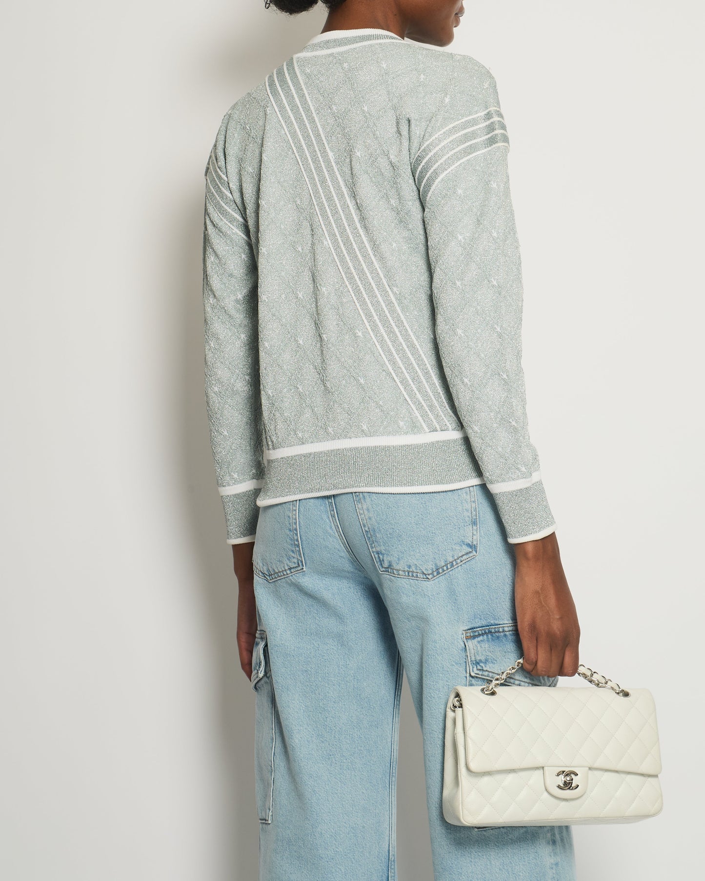 Chanel *HOT COLLECTION* Spring / Summer 2016 Grey Metallic Airline Collection Jumper with Zip and Plane Details Size FR 36 (UK 8) RRP £2,400 Accessory