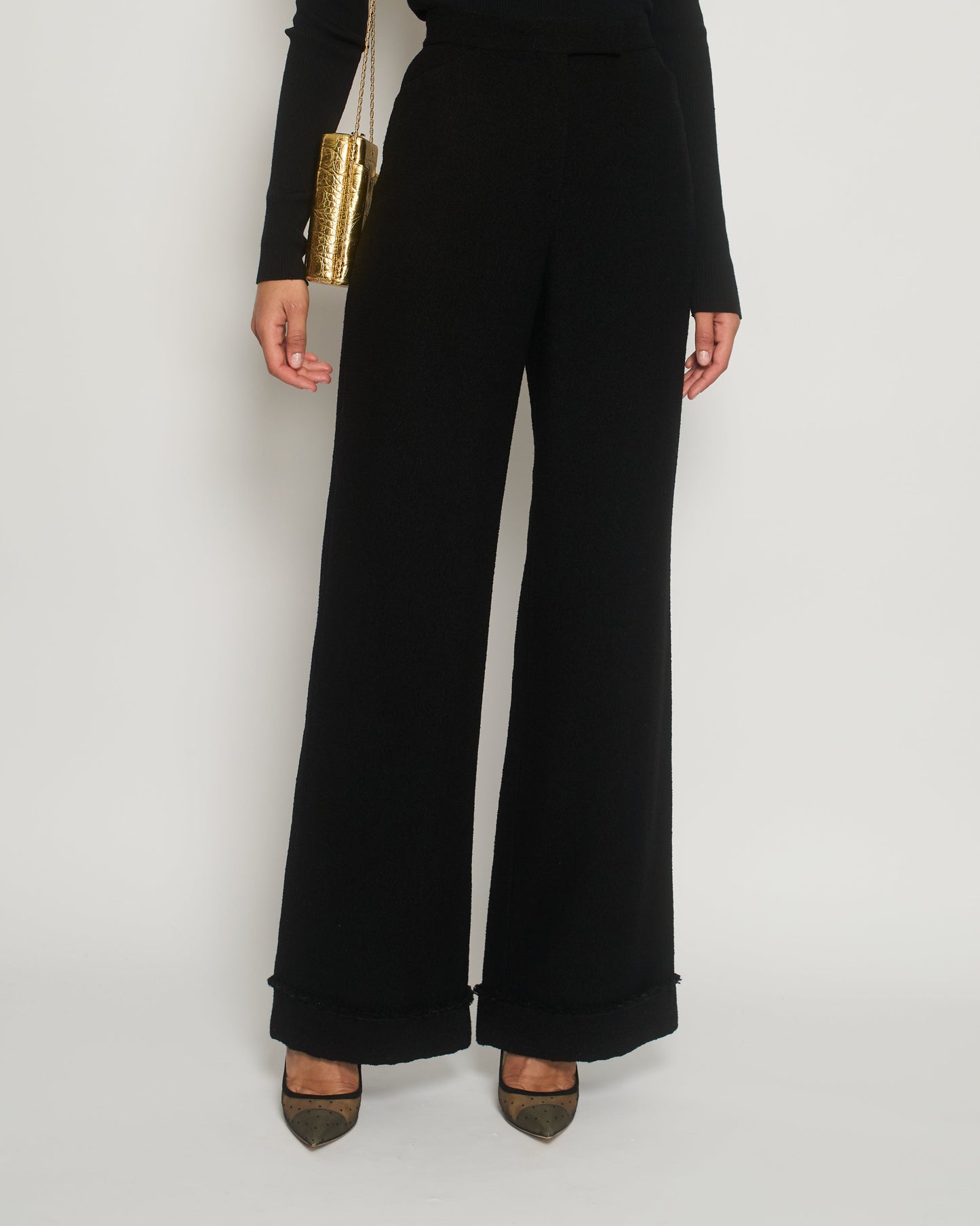 Chanel Black Tweed High-Waist Tro rs with Frayed Trim Detail FR 38 (UK 10) Accessory