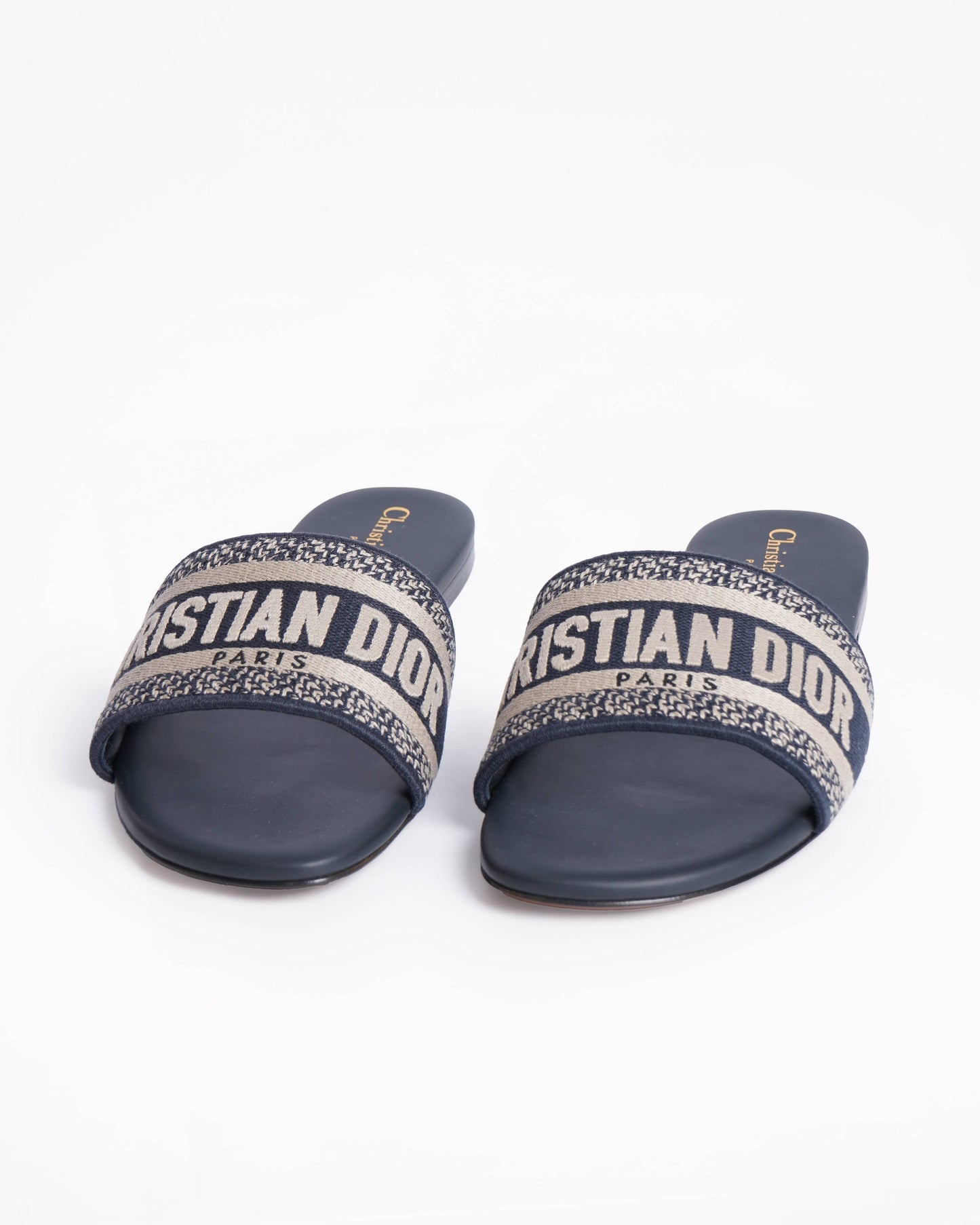 Dior Shoe New Christian Dway Deep Cotton Slides Blue Embroidered Shoes
