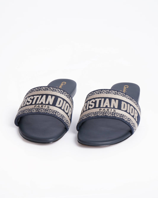 Dior Shoe New Christian Dway Deep Cotton Slides Blue Embroidered Shoes