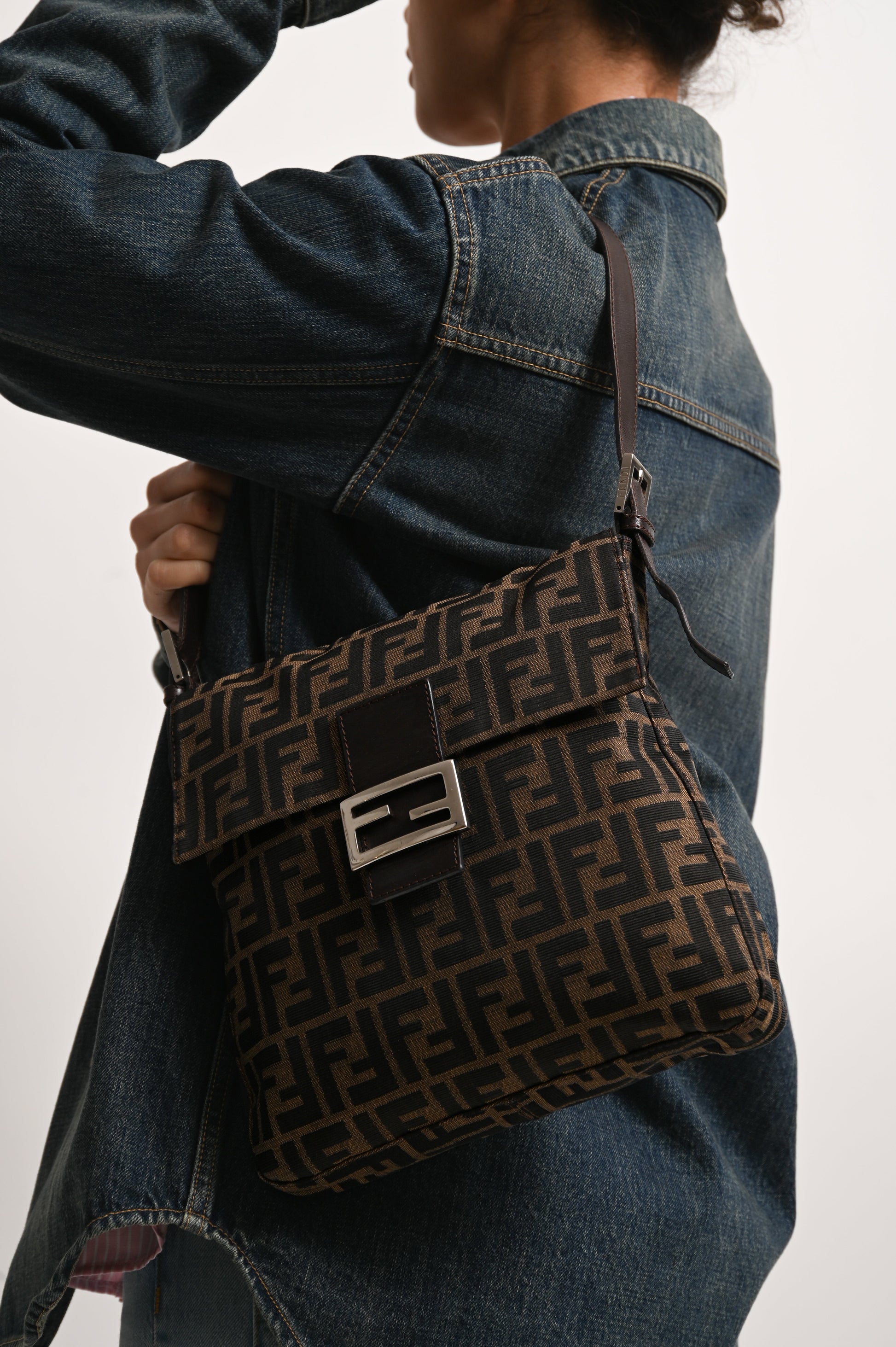 Fendi Ff Zucca Square Baguette Shoulder Bag Canvas Brown