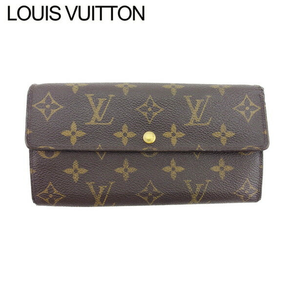 Louis Vuitton Long Purse Portomoné Credit Brown Beige Gold Wallet Case