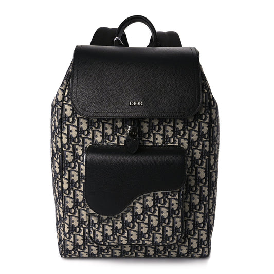 Dior Handbag Christian Oblique Jacquard Grained Calfskin Drawstring Saddle Canvas Black Beige Backpack