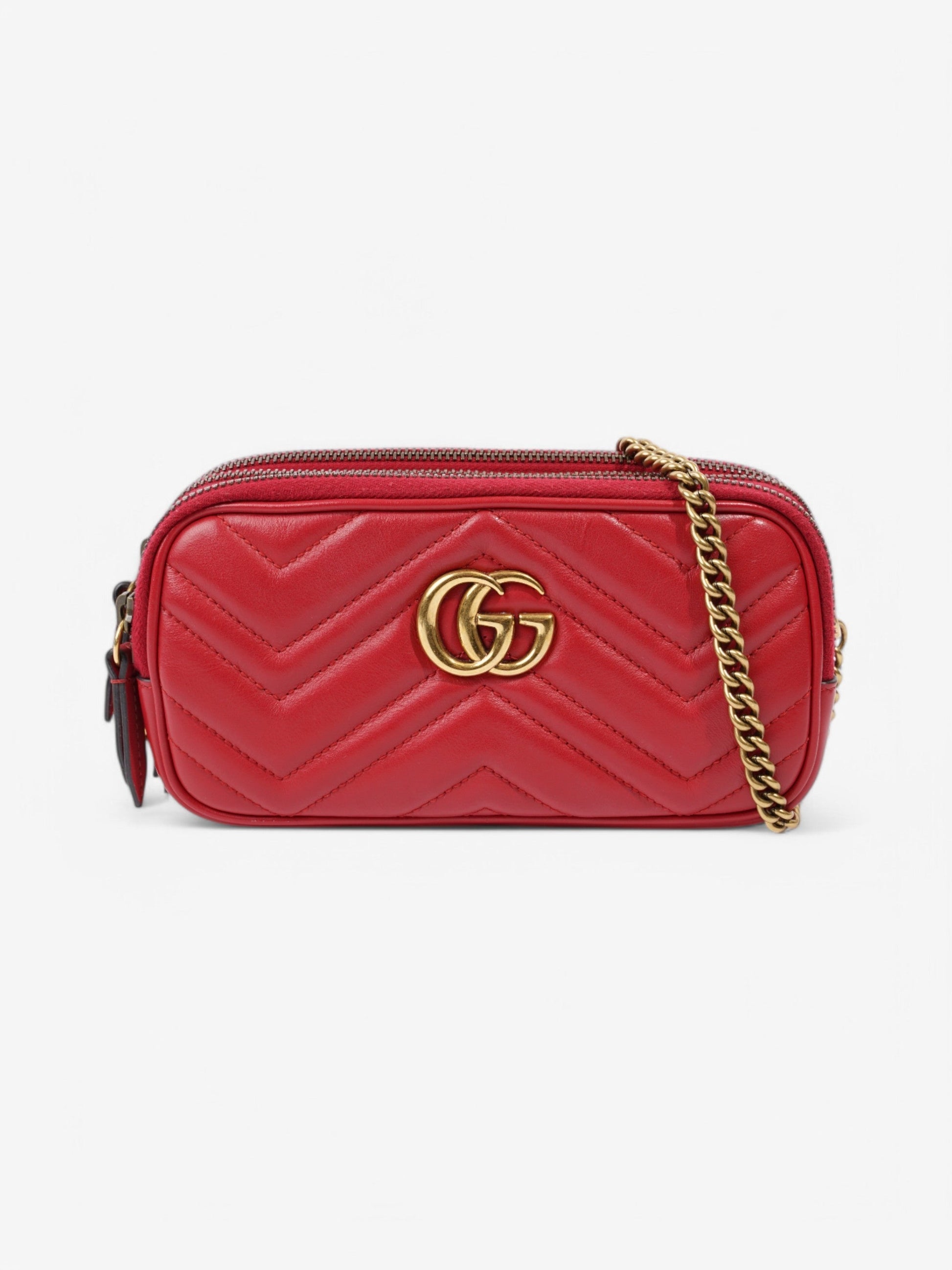 Gucci Marmont Chain Hibiscus Calfskin Crossbody Bag Leather Red