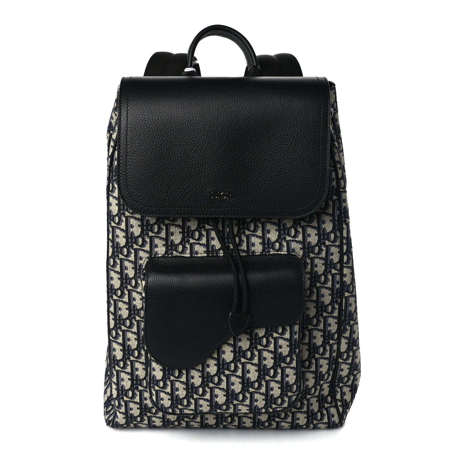 Dior Backpack Christian Oblique Jacquard Grained Calfskin Drawstring Saddle Canvas Monogram Black
