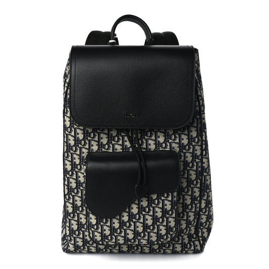 Dior Backpack Christian Oblique Jacquard Grained Calfskin Drawstring Saddle Canvas Monogram Black