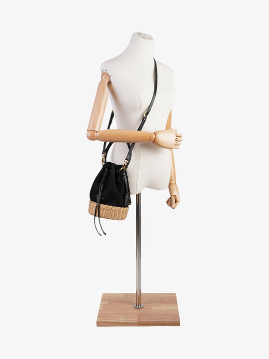 Prada Bag Natural Canvas Wicker Black Shoulder Bag