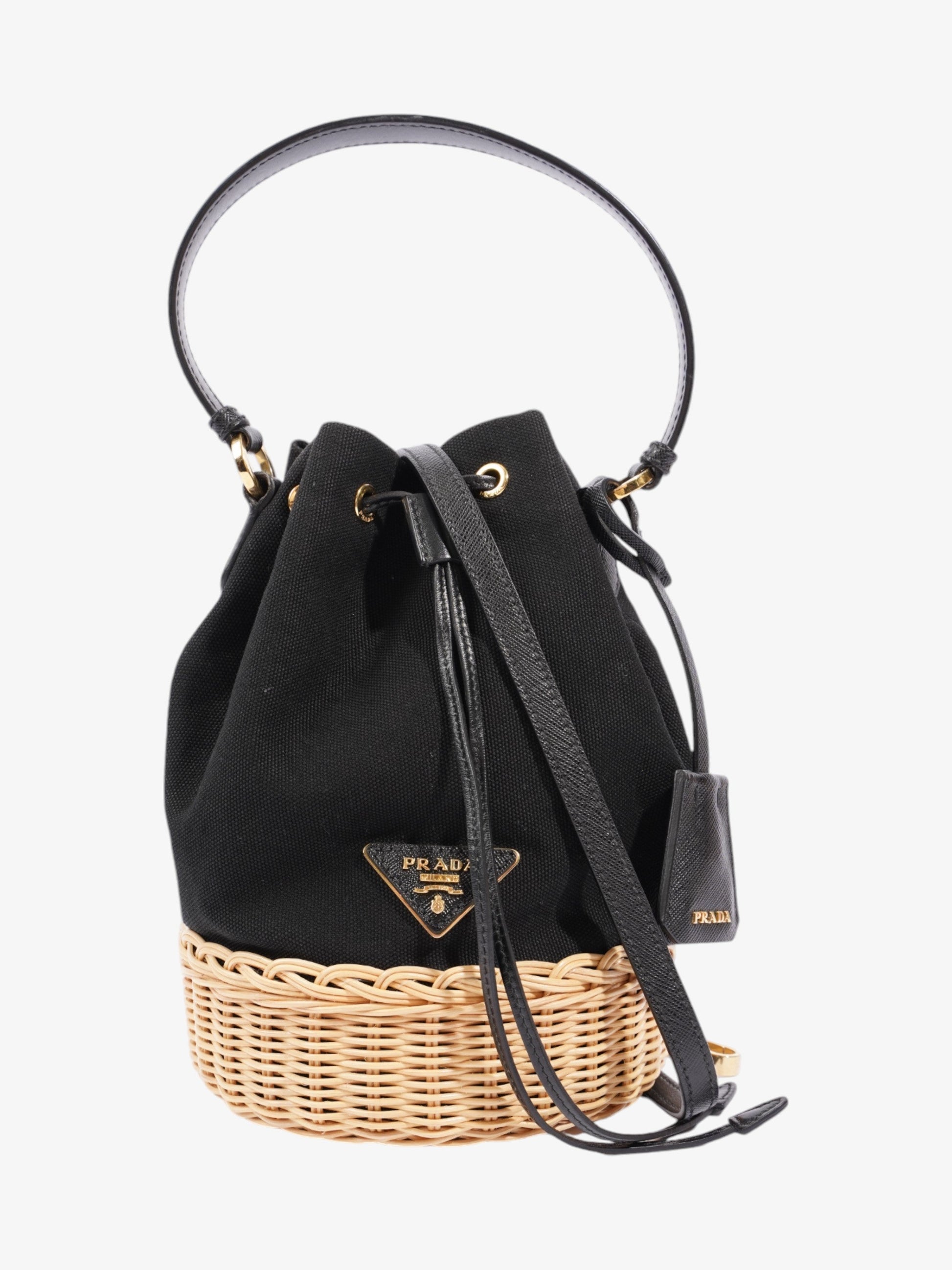 Prada Bag Natural Canvas Wicker Black Shoulder Bag