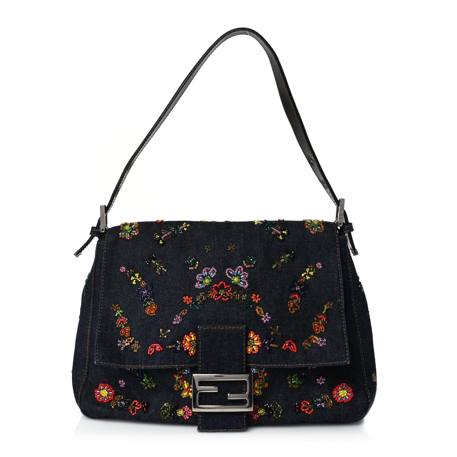 Fendi Handbag Beaded Mama Baguette Denim Blue Shoulder Bag