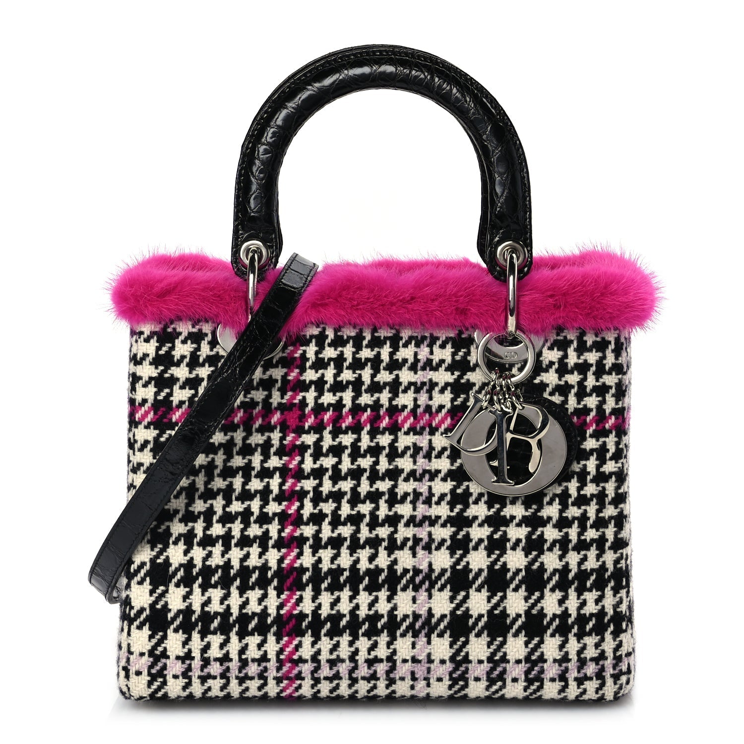 Dior Shoulder Bag Christian Tweed Crocodile Mink Plaid Lady Black White Pink