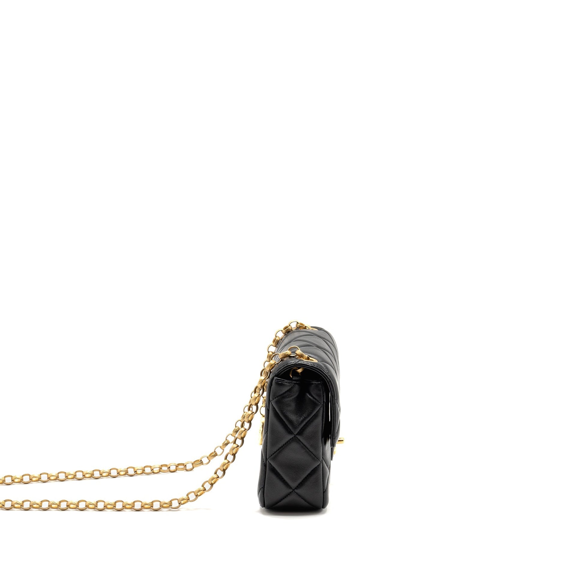 Chanel Quilted Flap Detailed Lambskin GHW Microchip Black Shoulder Bag