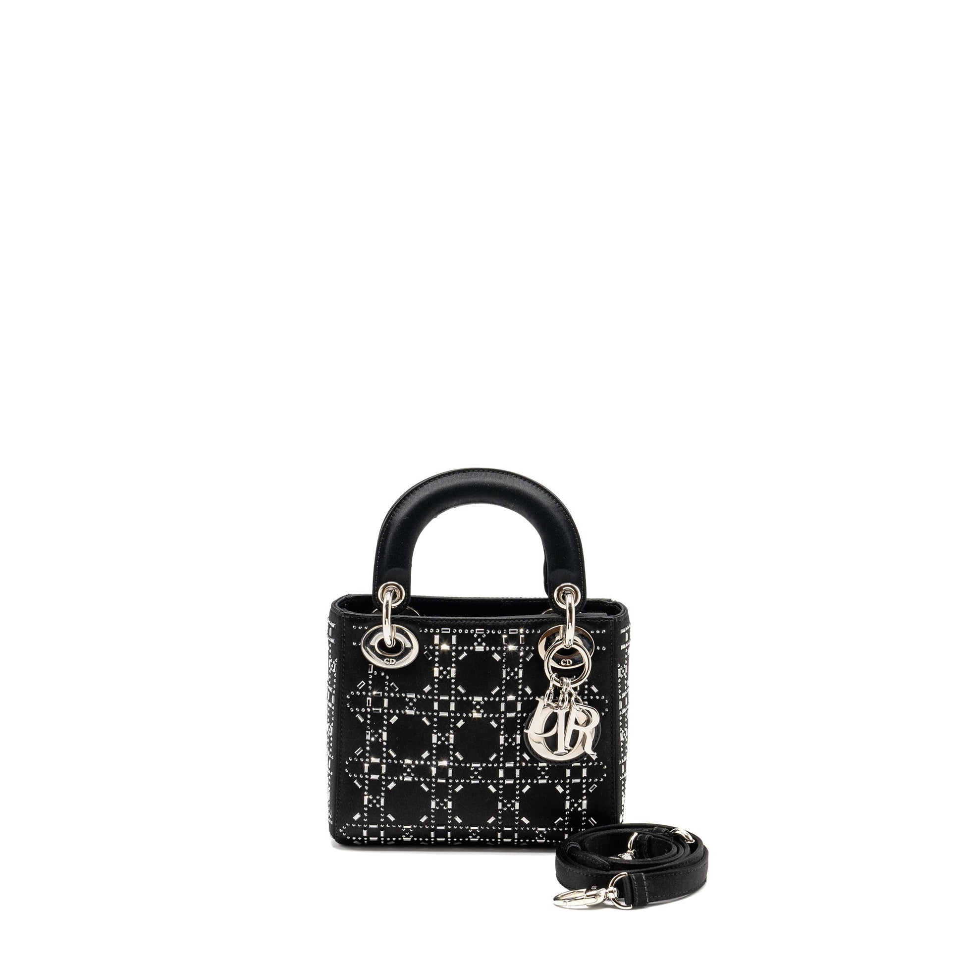 Dior Lady With Crystal Handbag Satin Black Travel Bag Black Handbag