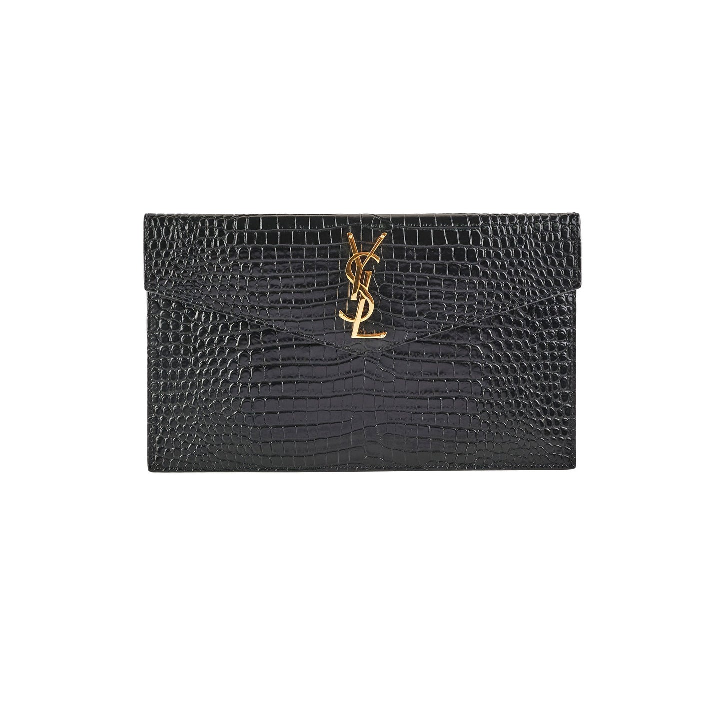 YSL Saint Laurent Uptown Pouch Croc Clutch Black Embossed Clutch Bag