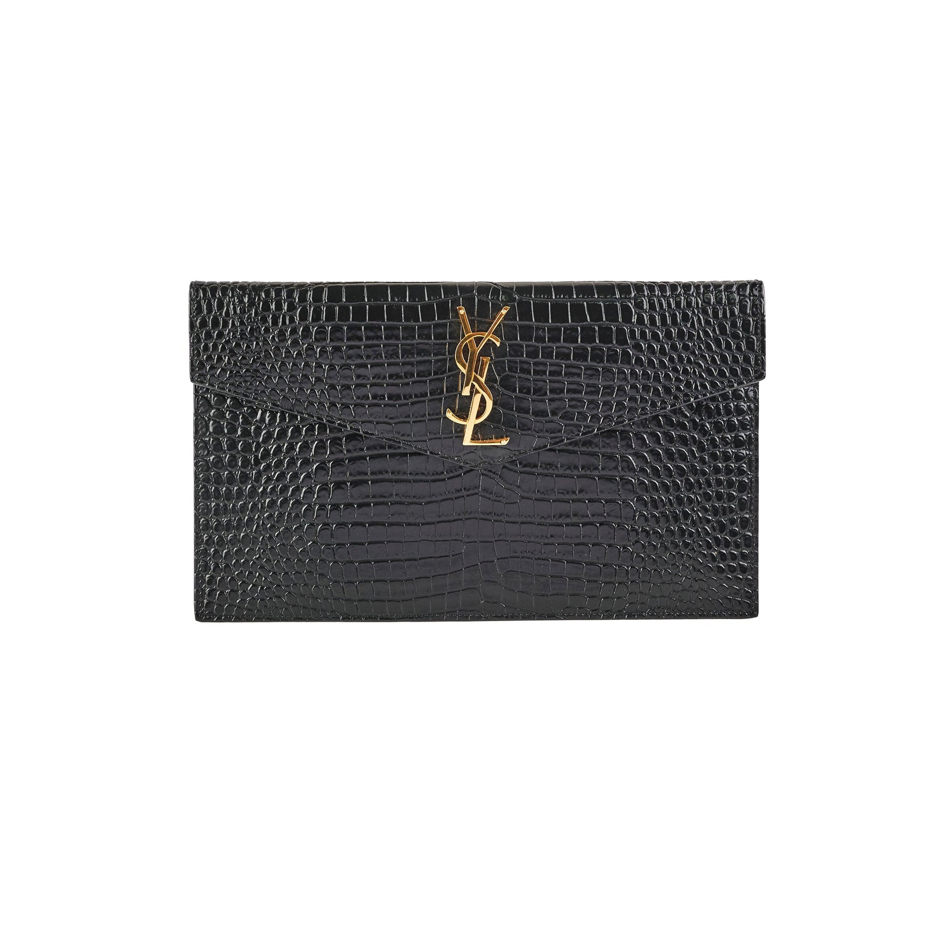 YSL Saint Laurent Uptown Pouch Croc Clutch Black Embossed Clutch Bag