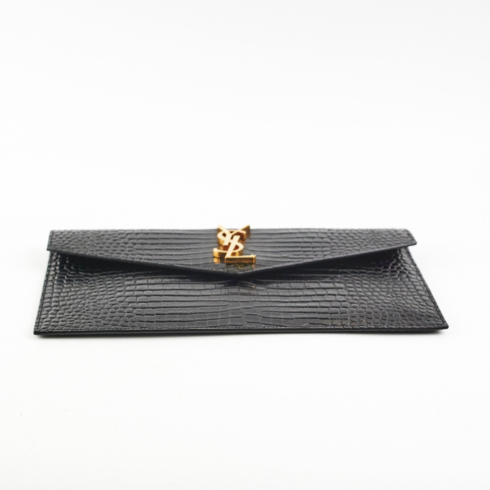YSL Saint Laurent Uptown Pouch Croc Clutch Black Embossed Clutch Bag