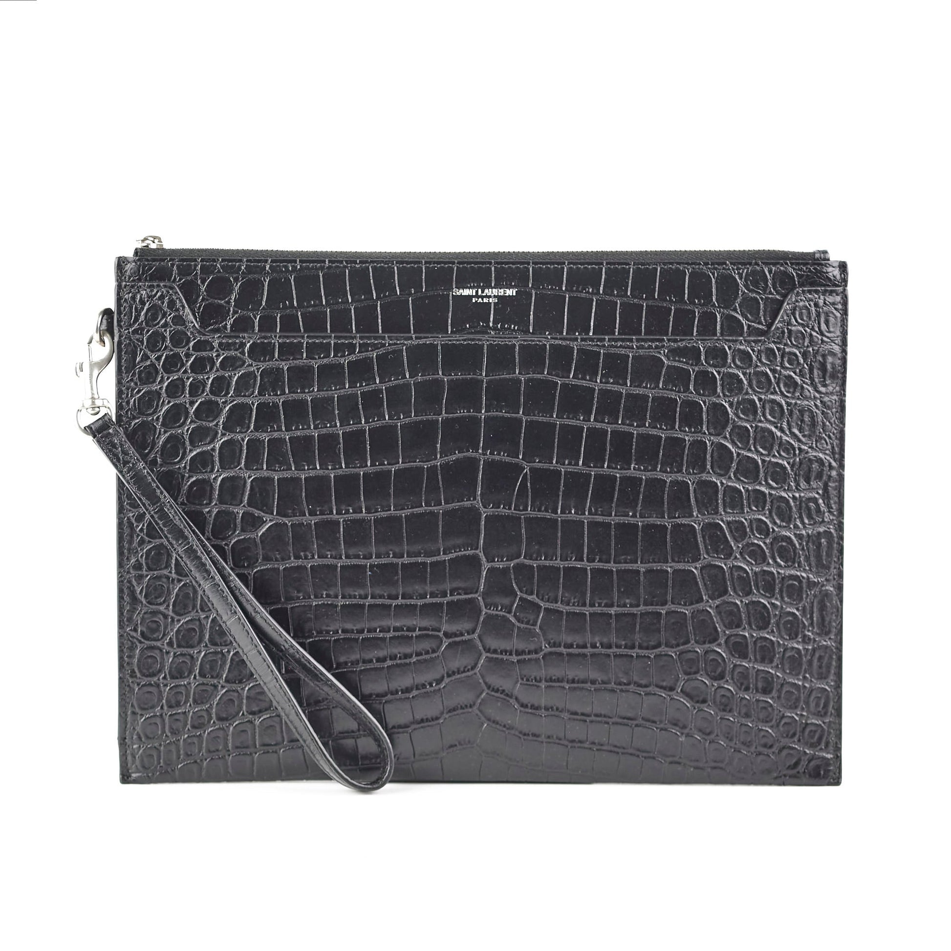 YSL Saint Laurent Croc Clutch Black Embossed Clutch Bag Embossed Black Clutch