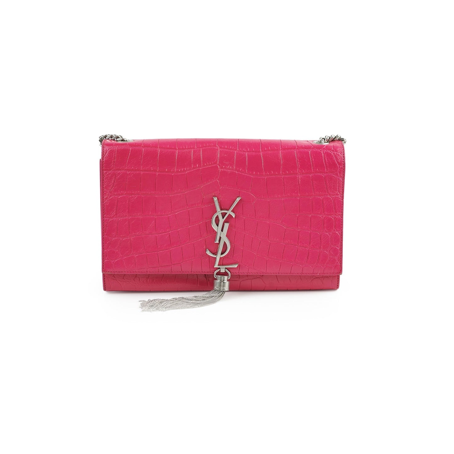 YSL Saint Laurent Croc Kate Tassle Bag Pink Embossed Shoulder Bag