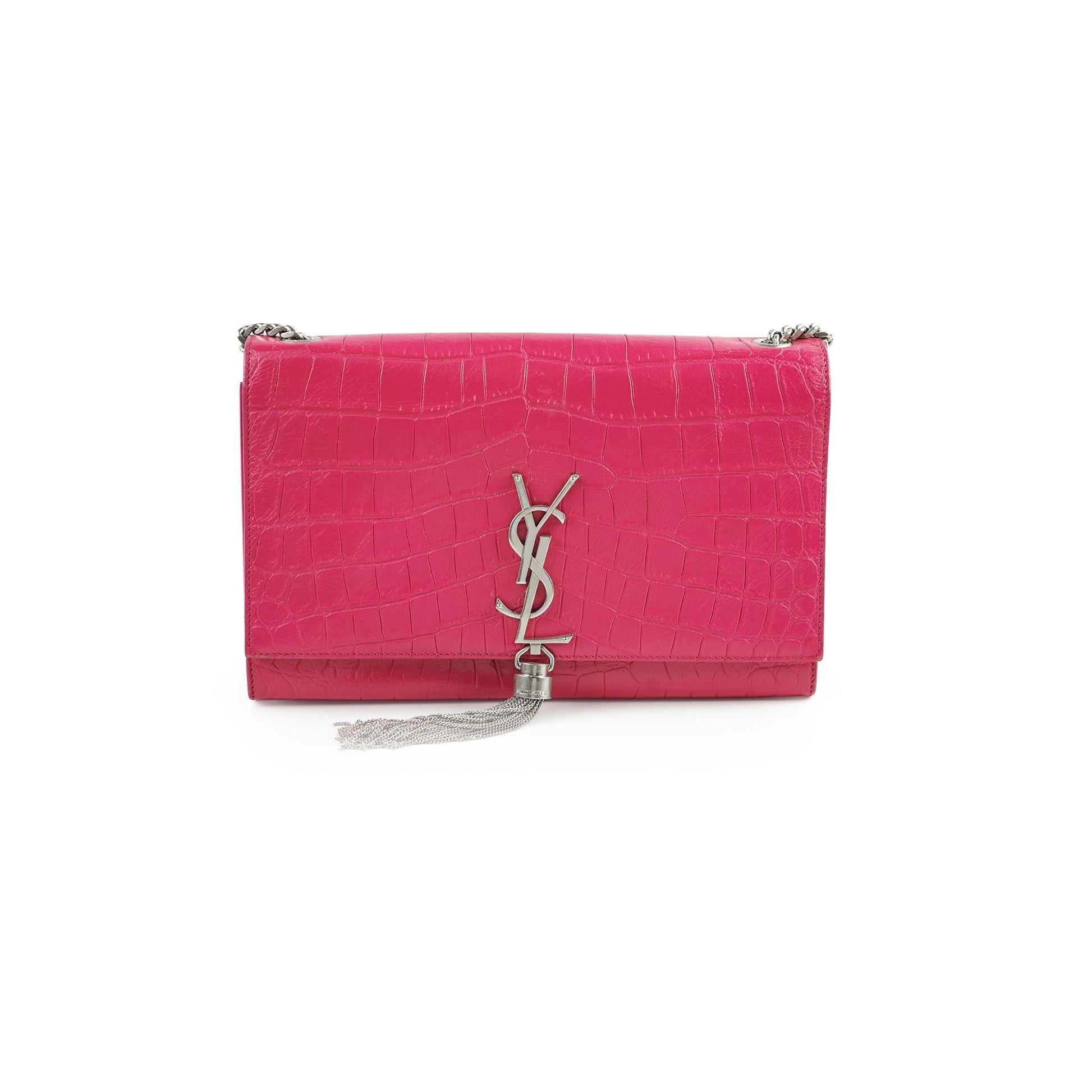 YSL Saint Laurent Croc Kate Tassle Bag Pink Embossed Shoulder Bag