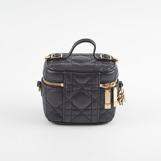 Dior Christian Vanity Case Cannage Crossbody Bag Lambskin Black Micro