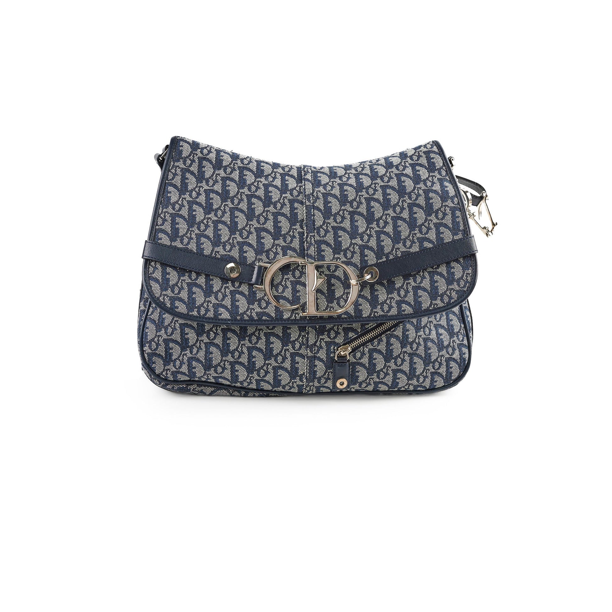 Dior Christian Oblique Side Carry Crossbody Bag Canvas Navy Flap