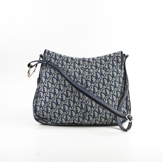 Dior Christian Oblique Side Carry Crossbody Bag Canvas Navy Flap
