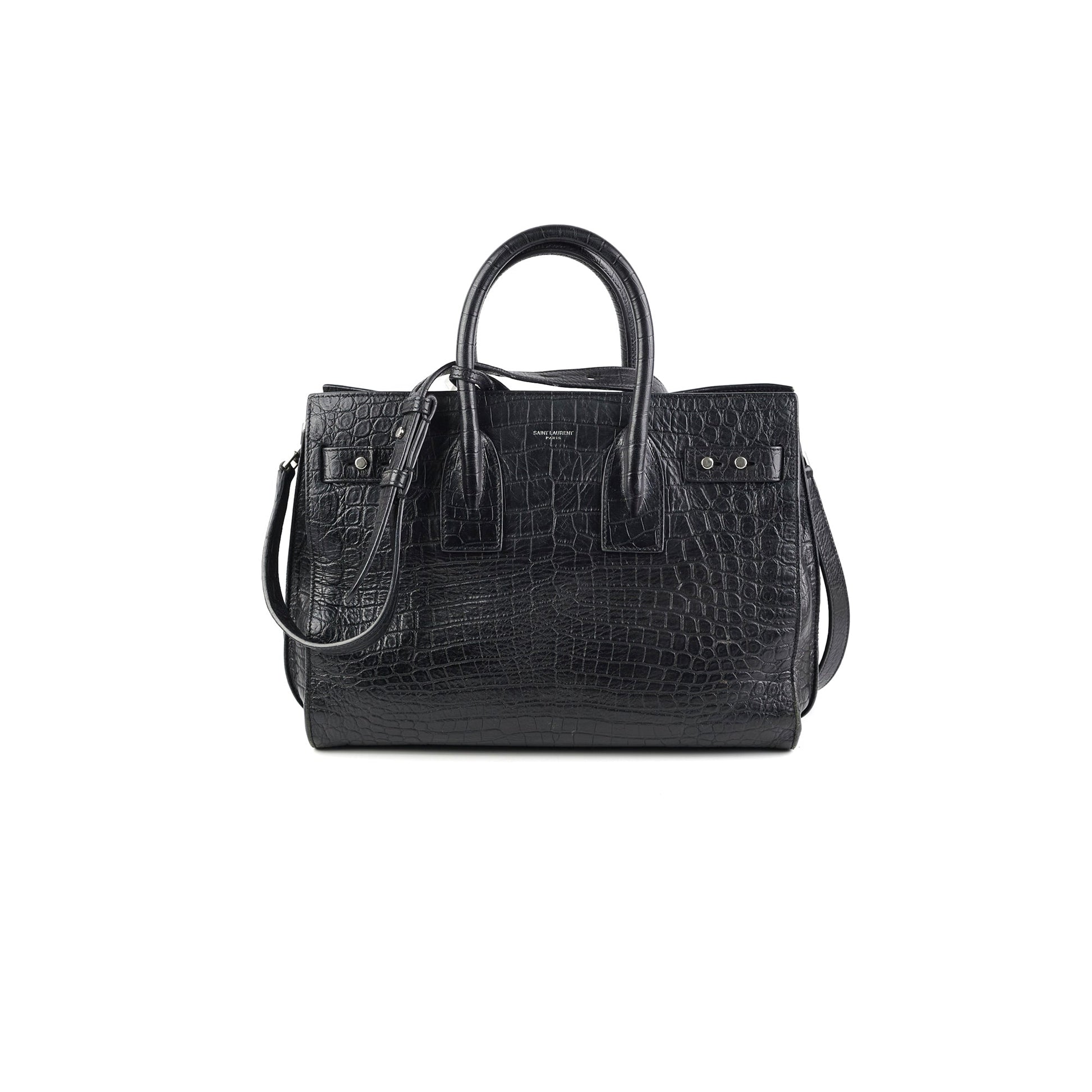 YSL Saint Laurent Crocodile Calfskin Crossbody Bag Black Embossed