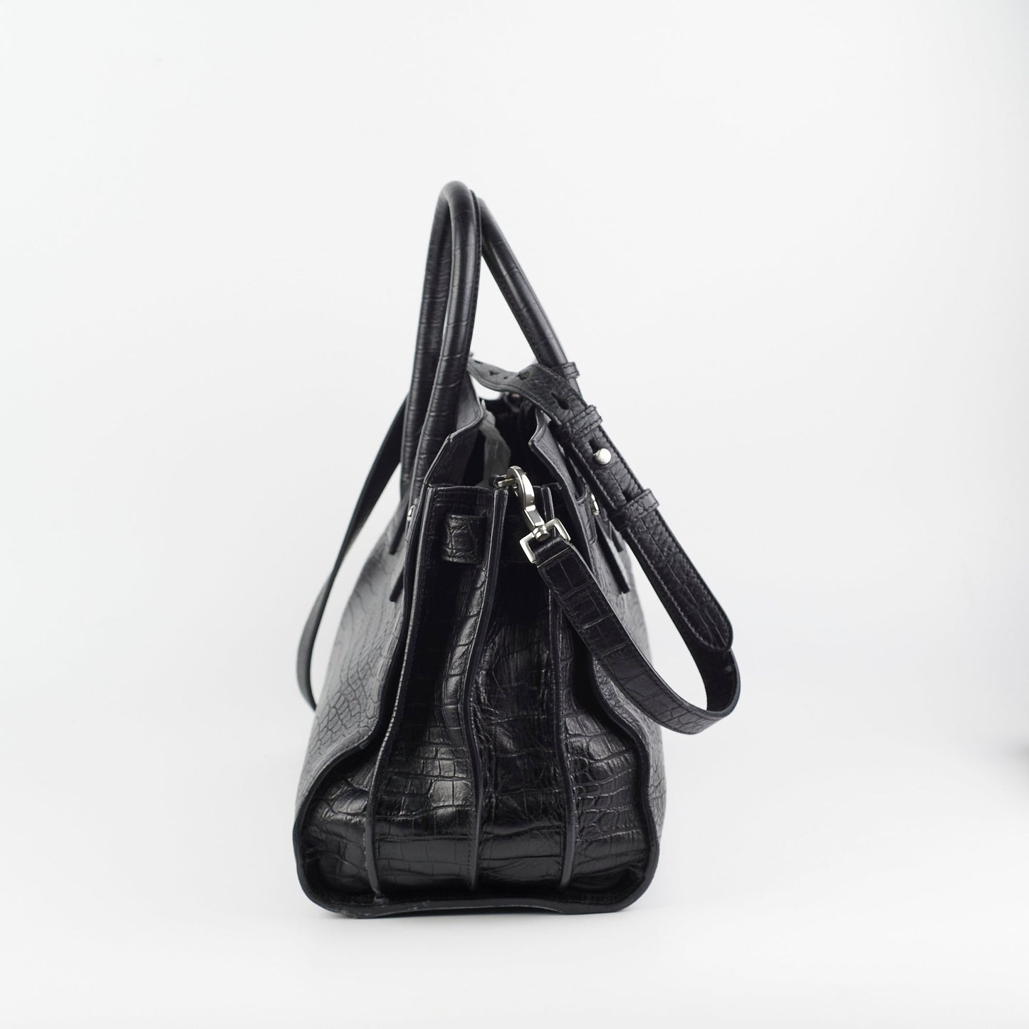 YSL Saint Laurent Crocodile Calfskin Crossbody Bag Black Embossed