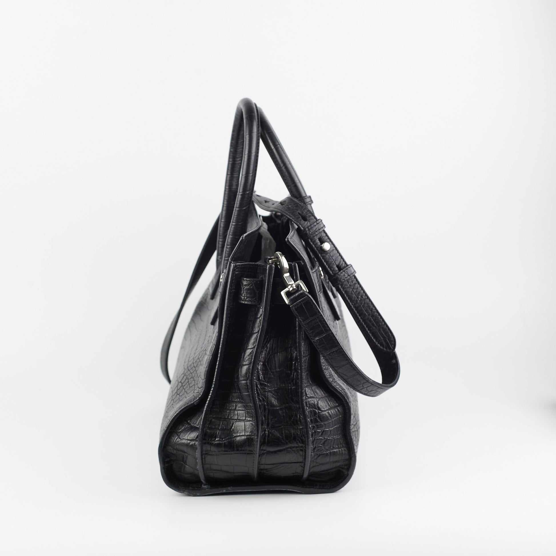 YSL Saint Laurent Crocodile Calfskin Crossbody Bag Black Embossed