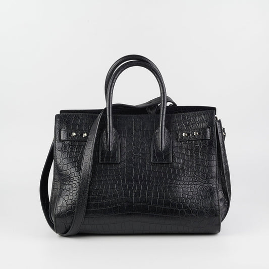YSL Saint Laurent Crocodile Calfskin Crossbody Bag Black Embossed