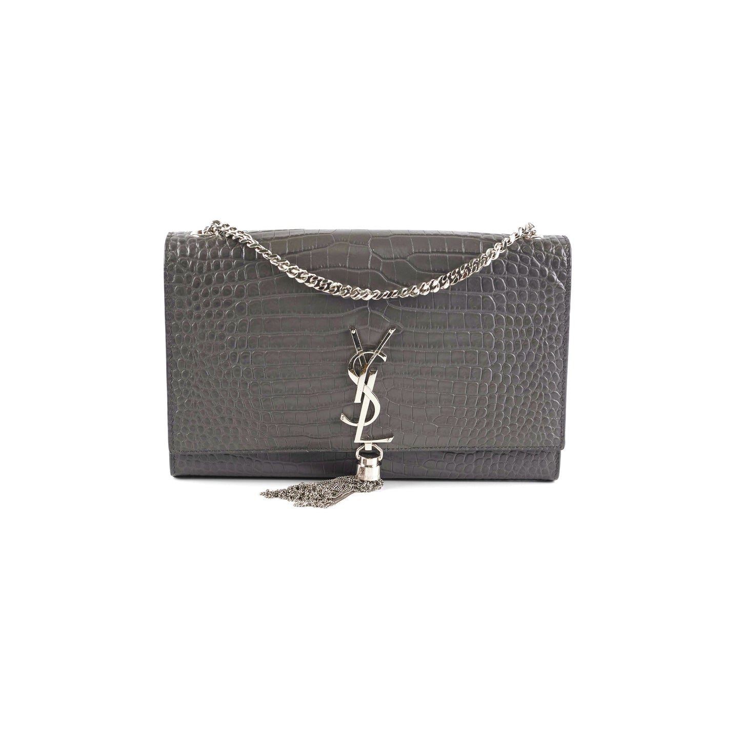 YSL Saint Laurent Kate Grey Croc Bag Gray Medium Embossed Crossbody Bag